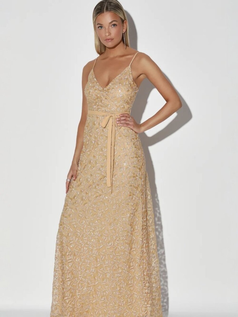Lulus Breathtaking Beauty Champagne Sequin Embroidered Maxi Dress NWT - Picture 3 of 9